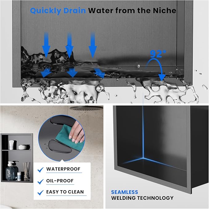 POPFLY 12"x18" Stainless Steel Shower Niche, Recessed Bathroom Storage with Double Shelves, No Tile Needed 2 Level Insert Corners Wall Niche for Shower Room, Dark Grey