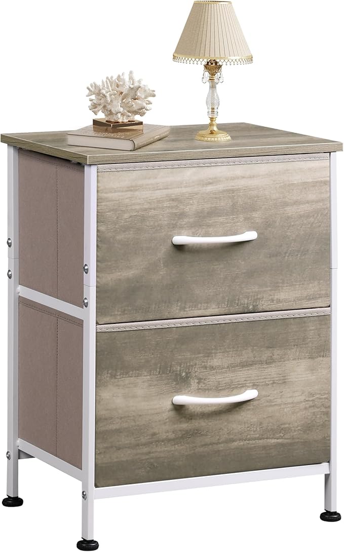 WLIVE Nightstand, 2 Drawer Dresser for Bedroom, Small Dresser with 2 Drawers, Bedside Furniture, Night Stand, End Table with Fabric Bins for Bedroom, Closet, College Dorm, Greige Oak