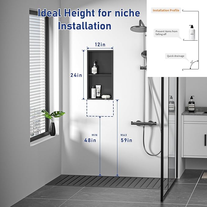Stainless Steel Shower Niche 24" X 12" Matte Black No Tile Needed Vertical Niche Shower with Two- Tier Shelves Recessed Wall Niches for Bathroom Storage Over Mount Installation