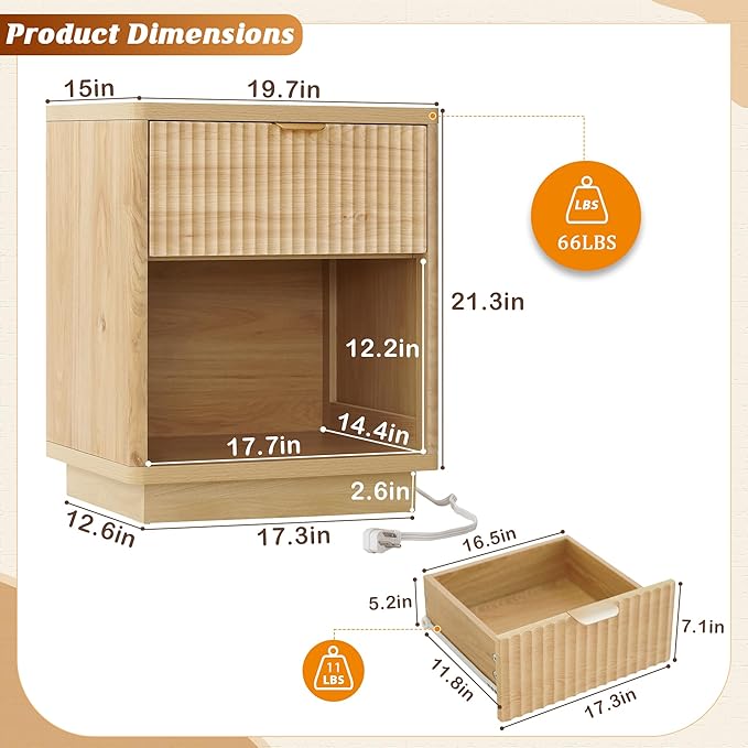 Fluted Nightstand Charging Station,Wood Modern Night Stands Storage Cabinet for Bedroom,Oak Bedside Table with Drawers
