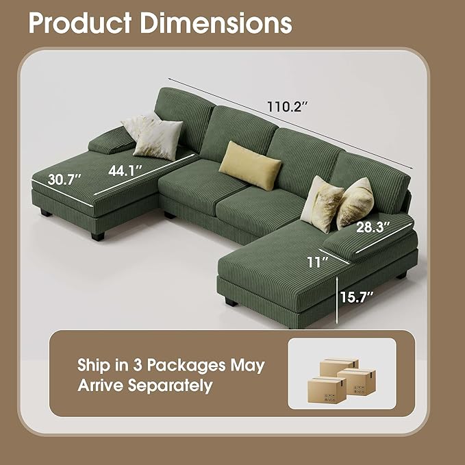 Furmax Sectional Couches for Living Room, U-Shaped Sofa Couch with Linen Fabric, 4 Seat Sofa Set with Double Chaise for Apartment (Corduroy, Dark Green)