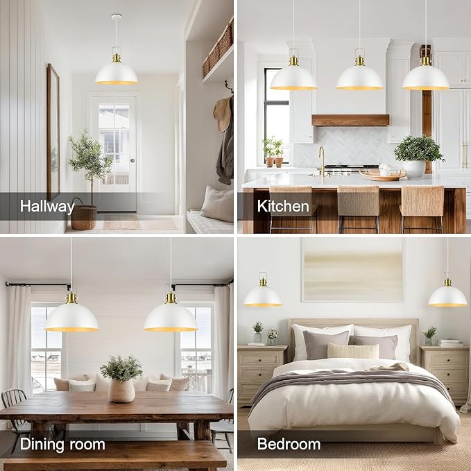 18 Inch White Farmhouse Pendant Lights for Kitchen Island Industrial Haning Lamp Adjustable Height Vintage Dome Hanging Light Fixtures for Barn, Dining Room
