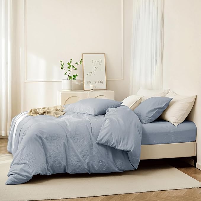 JIYUAN 100% Washed Cotton Duvet Cover Set 3 Pieces Queen, 1 Duvet Cover 90x90 Inches(Comforter Not Included) and 2 Pillowcases,Linen Feel Bedding Set Comfy and Breathable, Heathered Light Blue