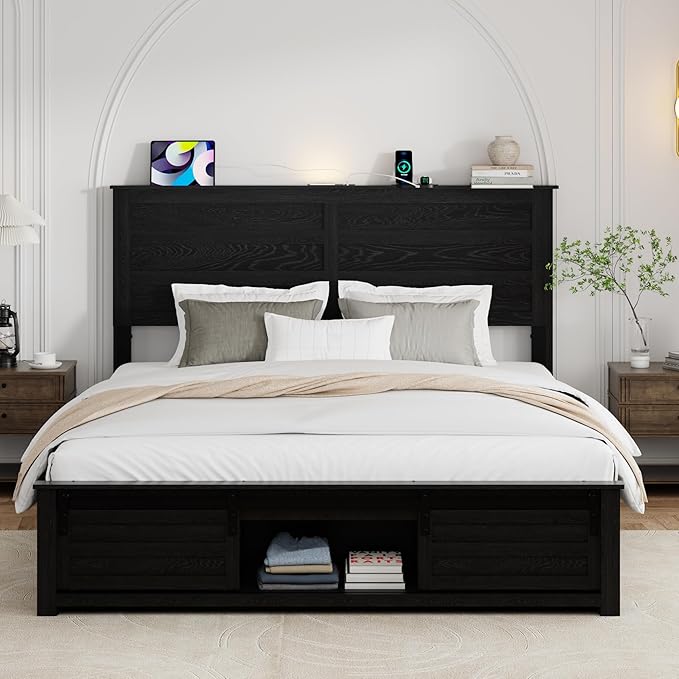 Full Size Bed Frame with Wood Headboard, Wooden Platform Bedframe with Sliding Barn Door Footboard and Charging Station Easy Assembly, No Box Spring Needed (Black, Full)