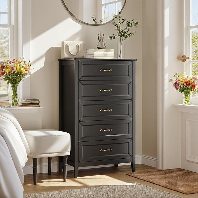 Gizoon 5 Drawer Dresser, 44.8" H Dresser for Bedroom, Wood Chest of Drawers, Storage Cabinet, Smooth Rail, Metal Handles, Anti-tip Device, for Living Room, Hallway, Black