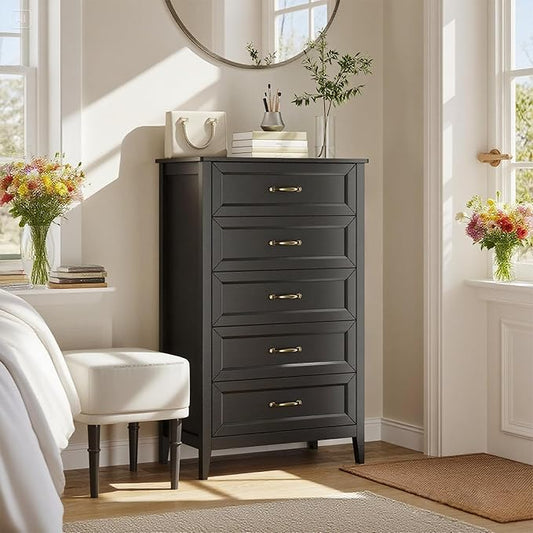 Gizoon 5 Drawer Dresser, 44.8" H Dresser for Bedroom, Wood Chest of Drawers, Storage Cabinet, Smooth Rail, Metal Handles, Anti-tip Device, for Living Room, Hallway, Black