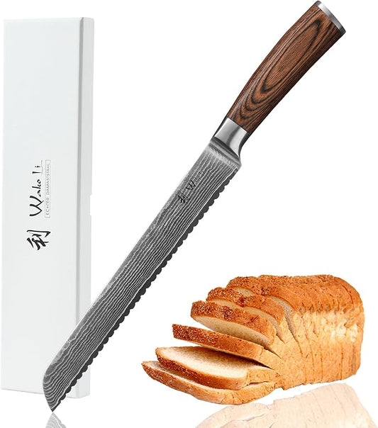 Wakoli Bread Knife, 7.9-inch Blade Damascus Chef Knife made from 67 Layers of Damascus Steel with VG10 Core, Sharp Kitchen Knives with Pakkawood Handle, Chefs Knife for Breads in Gift Box (EDIB)
