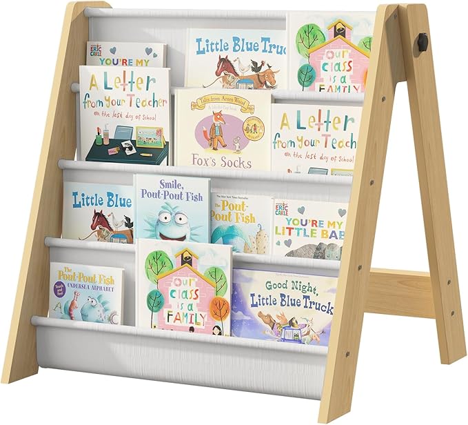 NACHES 4-Tier Foldable Kids Bookshelf, Large Capacity Montessori Sling Bookcase with 4 Deep Fabric Pockets, Magazine and Book Storage Rack for Nursery, Kids Room, Bedroom, Playroom (Burlywood)