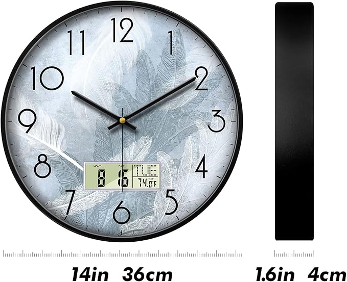 SCAOGE Digital Wall Mount Clock with Date Temperature Day White with Blue Feather Unique Silent Calendar Clocks Battery Operated Large Display Decorative for Bathroom Kitchen Office Bedrooms 14 Inch