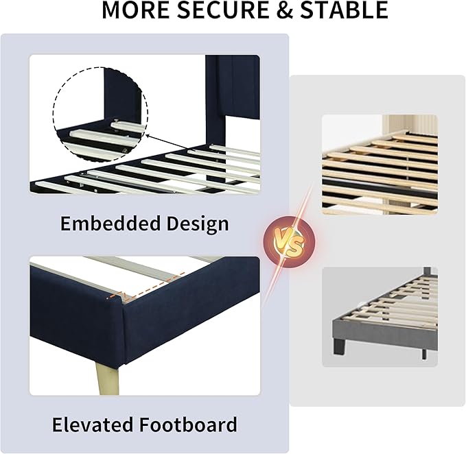 Twin Size Upholstered Platform Bed Frame with Modern Wingback & Vertical Panel Headboard, Linen Fabric, Wooden Legs & Slats Support, No Box Spring Needed, Noise-Free & Easy Assembly, Dark Blue