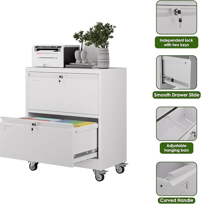 Aobabo 2 Drawer Wide File Cabinet with Wheels, Lockable Metal Filing Cabinet for Home Office, Legal/Letter Size,White,Required Assembled,15.87" D x 28.94" W x 34" H