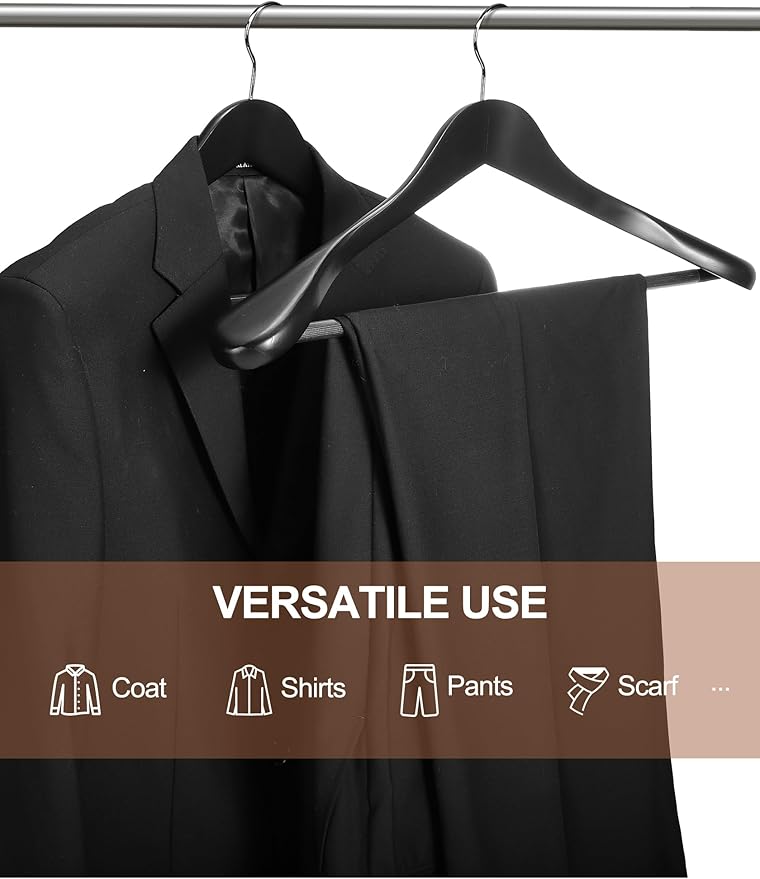 HOUSE DAY Wide Shoulder Wooden Hangers 12 Pack, Wood Suit Hangers for Men with Non Slip Pants Bar, Smooth Finish Solid Wood Coat Hangers for Jacket, Pants, Dress, Heavy Clothes Hangers (Black)
