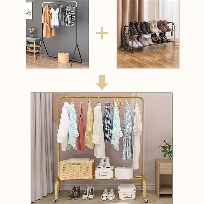 JIUYOTREE Metal Clothing Rack with Wheels 43.3 Inches Rolling Clothes Garment Coat Rack with Bottom Shelf Clothing Rack for Hanging Clothes Coats Skirts Shirts Sweaters Gold