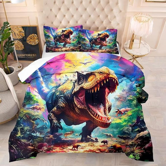 Kids 3D Dinosaur Comforter Set Twin for Boys Tie Dye Dino Bed Set for Boys Bedroom Decor Watercolor T-rex Bedding Set with 1 Comforter and 1 Pillowcase