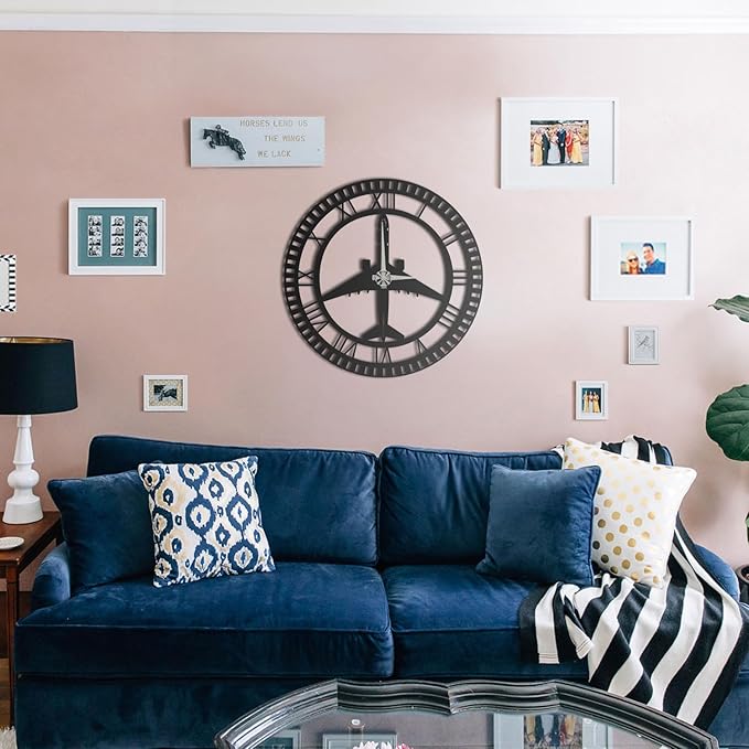 Metal Wall Clock | Airplane Silhouette Design | Roman Numerals | Silent Non-Ticking | Aviation Decor for Pilot, Traveler, Home, Office & Kids Room (29.5"x29.5")