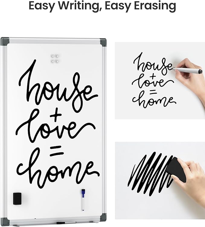 VUSIGN 6PCS Magnetic White Board Kit for Wall 36" x24", 6 Dry Eraser & 12 Multicolor Markers & 24 MagneticPins, Sliver Reinforced Aluminum Frame for Home, School, Office