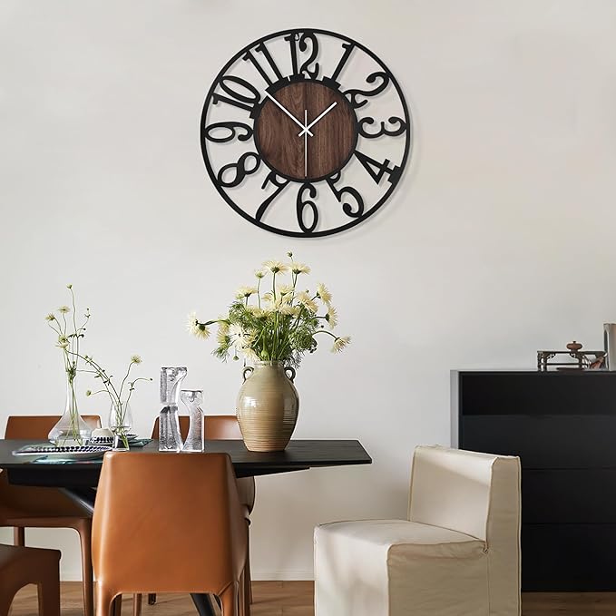 LEIKE Large Wall Clocks,Silent,Non Ticking,Battery Operated Small Vintage Round Modern Wood Wall Clock for Living Room, Bedroom,Kitchen,Farmhouse,Office Decor-13.5 Inch(Black-Arabic Number)
