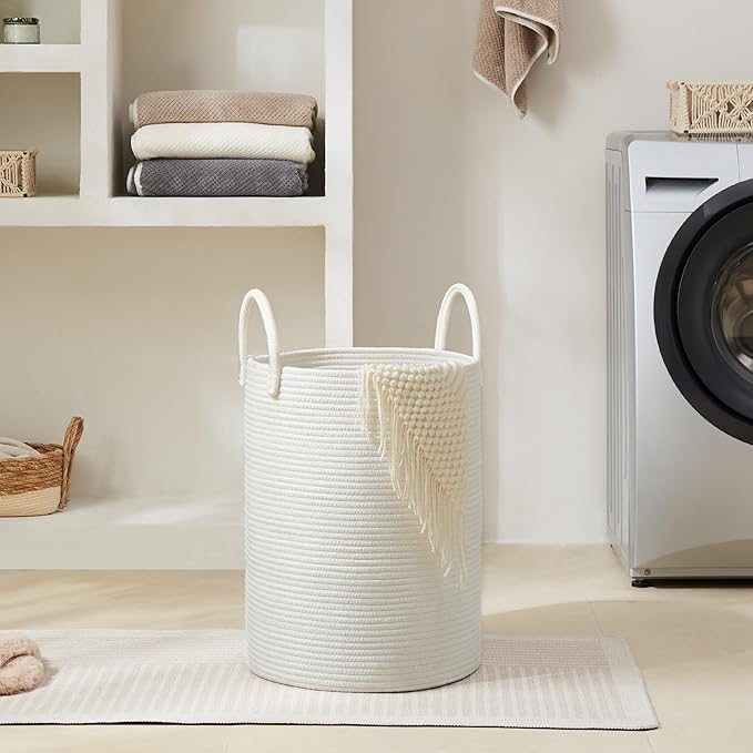 Cotton Rope Laundry Hamper by YOUDENOVA, 72L - Woven Collapsible Laundry Basket - Clothes Storage Basket for Blankets, Laundry Room Organizing, Bedroom Storage, Clothes Hamper – White
