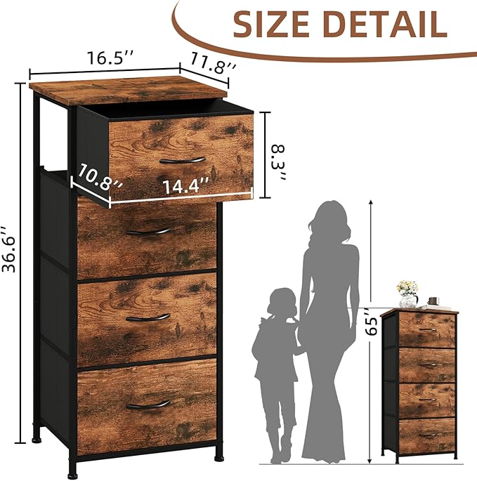 Somdot Tall Dresser for Bedroom with 4 Drawers, Storage Organizer Chest of Drawers with Removable Fabric Bins for Living Room Closet Bedside Nursery Laundry Entryway Hallway, Wood Grain Print