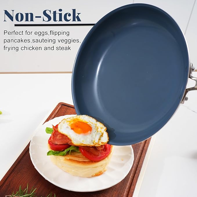 Stainless Steel Non Stick Frying Pan,10 Inch Healthy Non Toxic Ceramic Coating Cookware with Lid,Works on Induction, Electric Stove and Gas Cooktops,PTFE PFAS PFOA Free Skillet,Dishwasher&Oven Safe