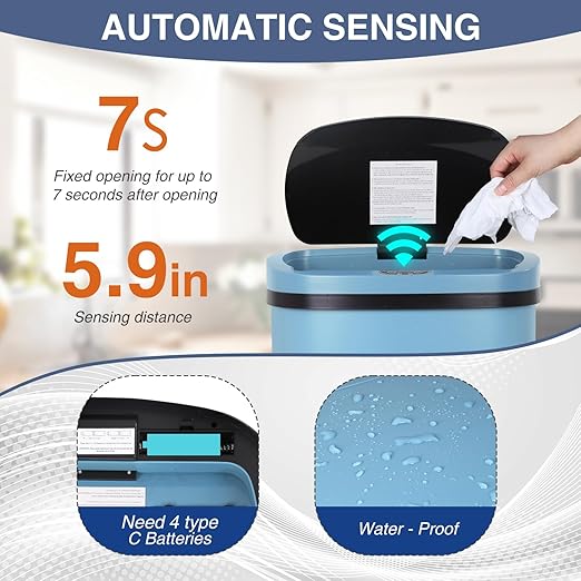 PayLessHere 13 Gallon Trash Can Kitchen Trash Can Automatic Garbage Can with Lid Touch Free High-Capacity Motion Sensor for Kitchen Bedroom Bathroom Office Trash Bin (1, Blue Stainless Steel)