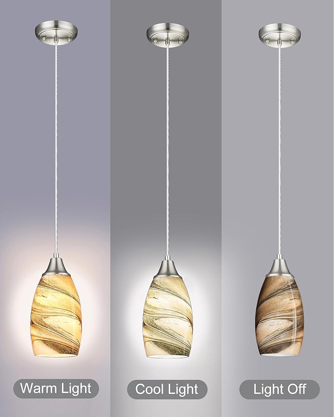 Mini Pendant Lights Kitchen Island Light Brown Glass Lamp Shade Hand Blown Glass Pendant Light with Brush Nickel Finish Adjustable Cord for Kitchen Over Sink, Dining Room (Light Brown-1P)