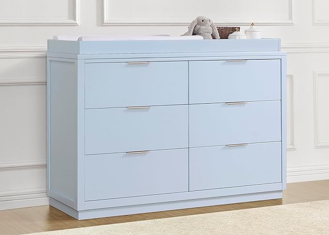 Delta Children Dylan Crib 6-Piece Baby Nursery Furniture Set–Includes: Convertible Crib, Dresser, Changing Top, Crib Mattress, Fitted Sheets & Changing Pad, Cloud Blue