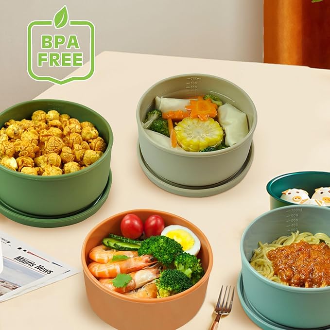 XU&PEIQI 24oz Silicone Food Storage Containers,Round Bowls with Lids - Meal Prep Containers for Kitchen Serving, Salad & Lunch - Airtight, Microwave/Fridge/Dishwasher Safe, BPA-Free (Brown)