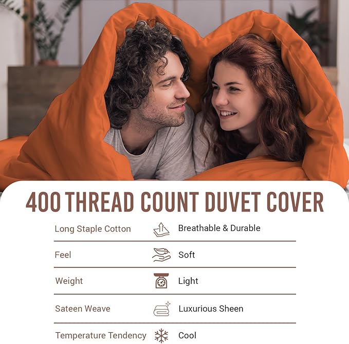 Pizuna Pure 100% Cotton King Duvet Cover Set, Luxurious 400 Thread Count Long Staple Cotton Sateen Weave with Button Closure (Combed Burnt Orange Cotton Duvet Cover King)