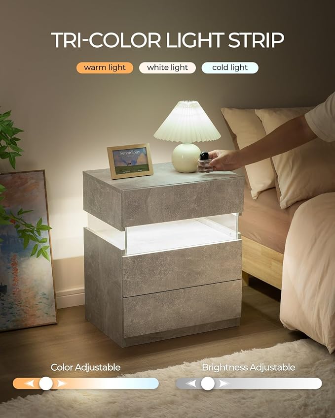 Bingoday LED Nightstands Set of 2 LED Bedside Tables with 3 Drawers Modern Night Stand with Acrylic Board Night Stand Set 2 for Bedroom