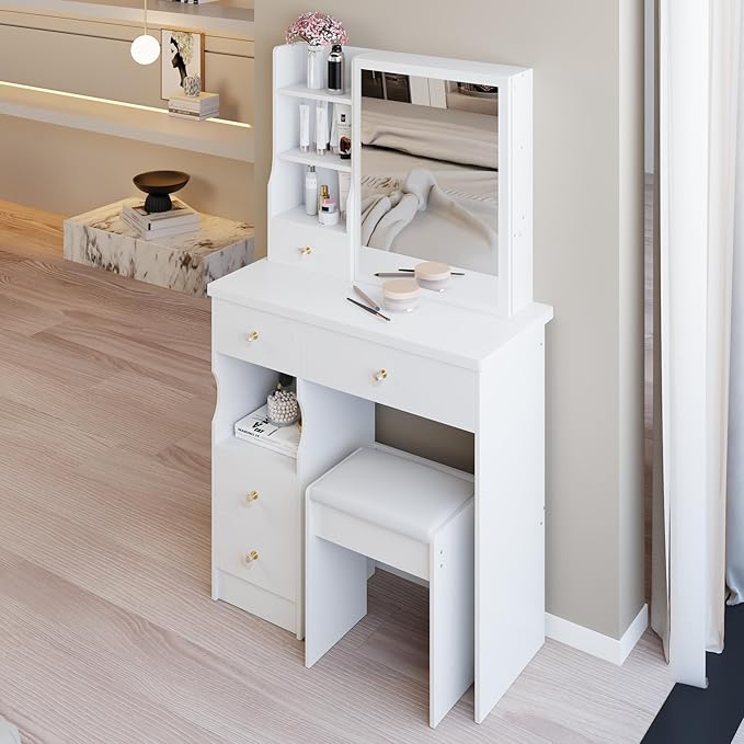 KEIKI Vanity Desk with Mirror & Cushioned Stool, 29.2'' Makeup Dressing Table Set with 5 Drawers for Tiny Bedrooms, Dorms, Apartments, White