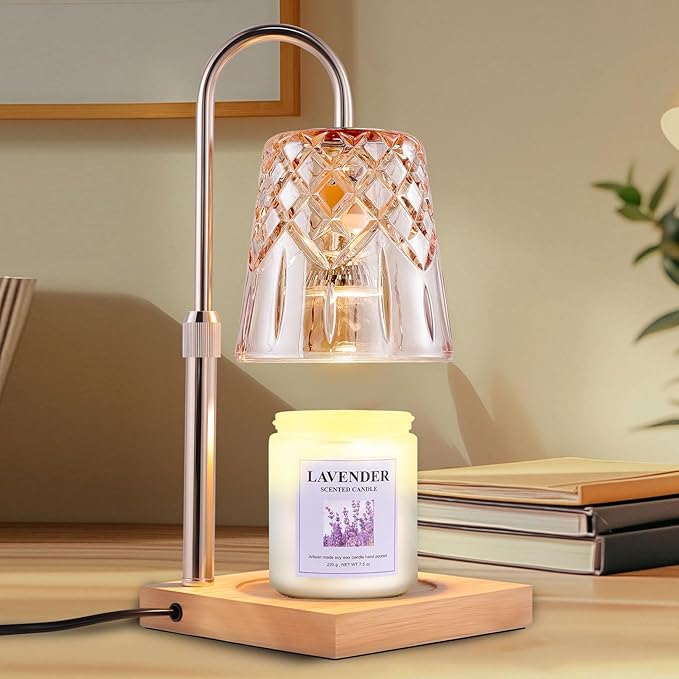 Candle Warming Lamp with Timer Dimmer, Adjustable Height Electric Wax Melt Warmer for Jar Candles with 3 Bulbs, Mother's Day Women's Home Decor Gift, Champagne Color Pole with Square Base