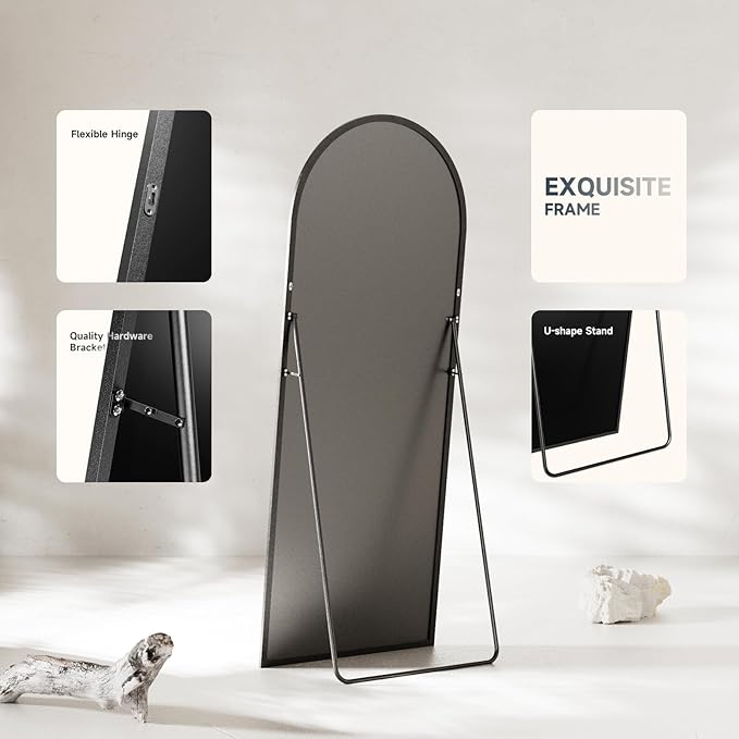 Arched Full Length Mirror 58"x19", Black Tempered Glass Wall Hanging Mounted Body Length Mirrors with Stand, Large Floor Aluminum Alloy Thin Frame