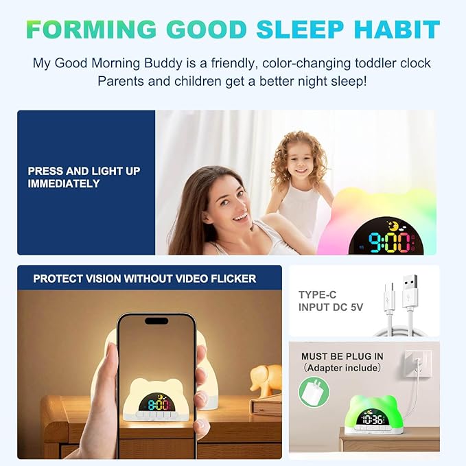 Alarm Clock for Kids, Ok to Wake Clock with Green Light Red Light, Children's Sleep Trainer,10 Ringtones,3 Brightness, Dual Alarms, Digital Alarm Clock for Adults Boy Girl Toddler Bedroom