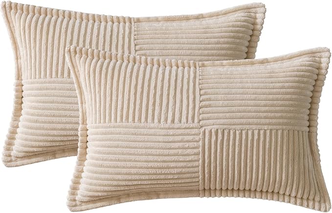 MIULEE Decorative Lumbar Throw Pillow Covers for Couch Bed Livingroom 14x22 Inch Set of 2 Beige Boho Accent Throw Pllows Broadside Striped Patchwork Soft Corduroy Pillowcases