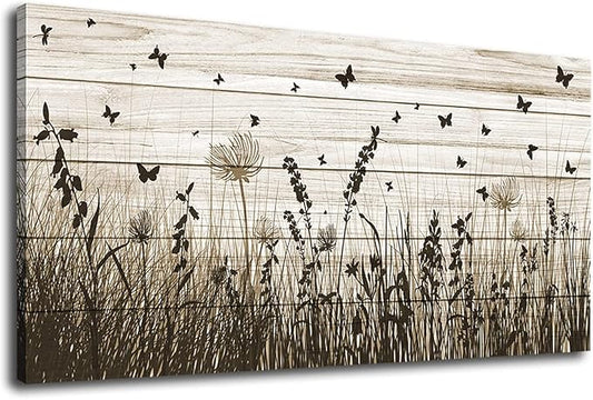 Wildflower Wall Art Autumn Canvas Picture Butterfly Grass Dandelion Artwork Vintage Wooden Board Painting Prints for Bedroom Living Room Office Home Kitchen Wall Decor Framed Ready to Hang 30" x 60"