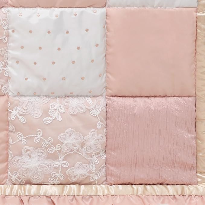 The Peanutshell 3 Piece Baby Crib Bedding Set for Girls - Cotton Fitted Crib Sheet, Layered Dust Ruffle, Comforter, Newborn, Infant & Toddler Vintage Nursery Bed Set Decor, Pink, Gold, Floral - Grace