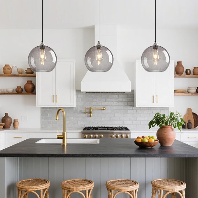 Light Grey Glass Pendant Lights Kitchen Island Globe Pendant Light Fixtures Modern Pendant Lighting for Bedroom Living Dining Room Light Fixture (9.84 in, 3 Pack)