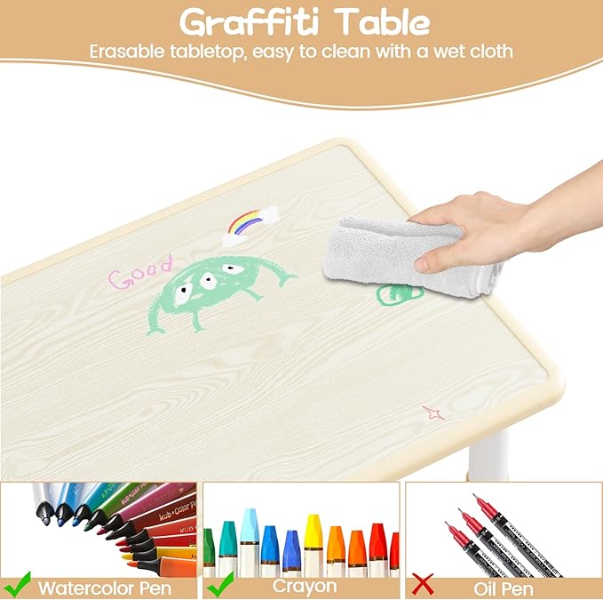 GAOMON Kids Table and 6 Chairs Set, Height Adjustable Toddler Table and Chairs Set for Ages 2-10, Graffiti Desktop, Non-Slip Legs, Children Activity Table for Daycare Classroom Home