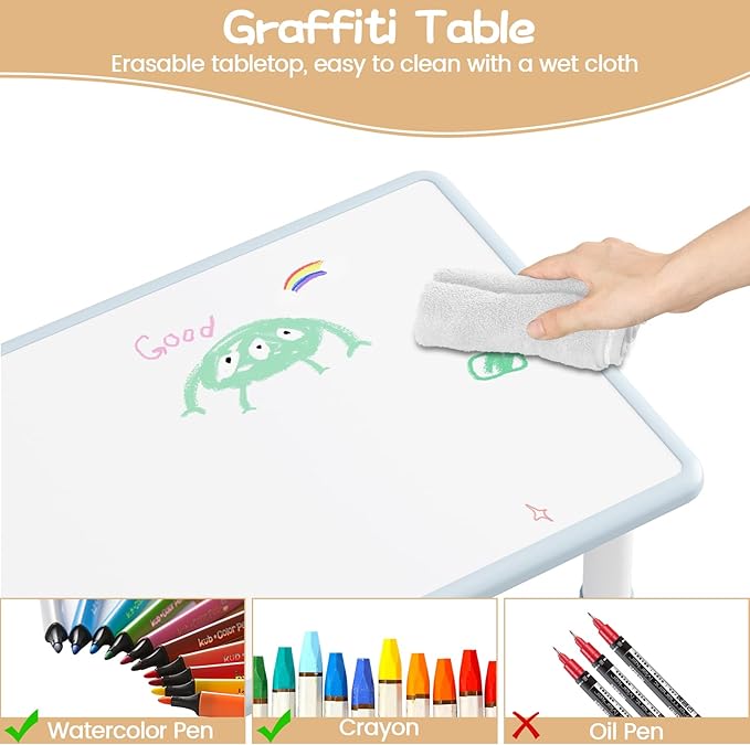 GAOMON Kids Table and 2 Chairs Set with Graffiti Desktop, Height Adjustable Toddler Table and Chairs Set for Reading, Drawing, Playing, Eating