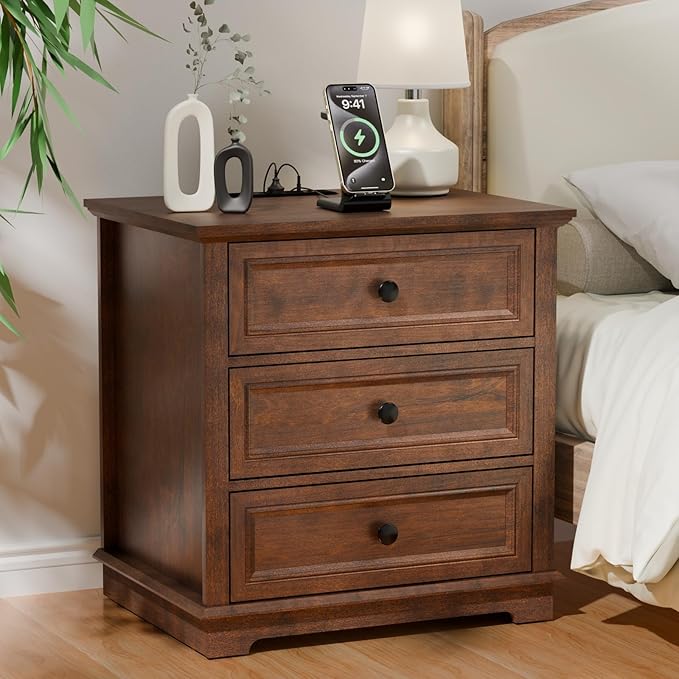 Nightstand with Charging Station Set, 24” Wide End Table with 3 Drawers Set of 2, Modern Bedside Table with Storage, Wood Small Dresser for Bedroom Living Room. (Cherry)