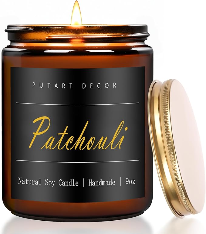Patchouli Scented Candles for Home, 9oz Natural Soy Wax Aromatherapy Organic Santal Candle for Stress Relief, Long Burning & Lasting Jar Candle Gifts for Birthday, Housewarmings, Thanksgiving