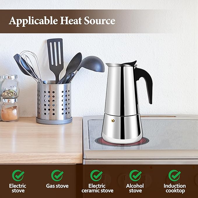 4 Cup Moka Pot Percolator Italian Coffee Maker 200ml Stovetop Espresso Mocha Stainless Steel Greca Coffee Maker Classic Cafe Makers Suitable for Induction Cookers Ceramic Stoves Straight