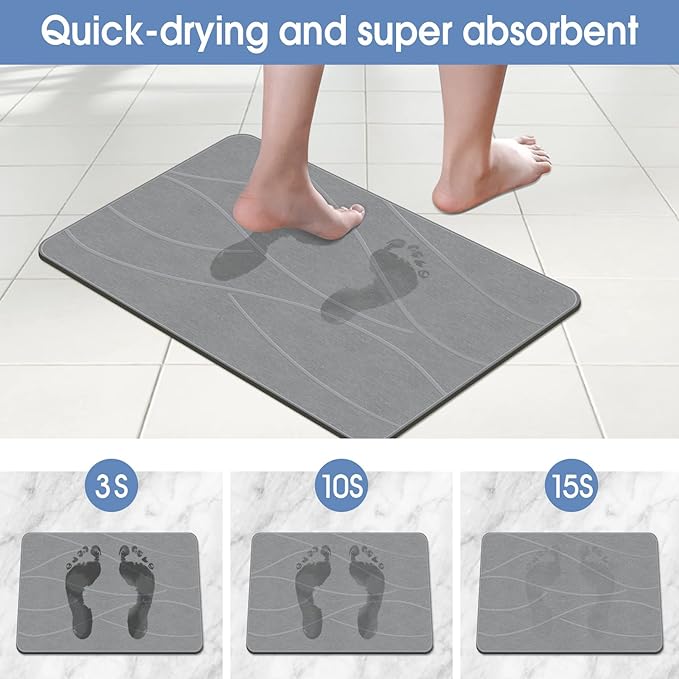 Stone Bath Mat Diatomaceous Earth Shower Mat Non-Slip Super Absorbent Diatomite Stone Bath Mats for Bathroom Floor Quick Drying Natural Easy to Clean(23.6''×15.4" Gray)