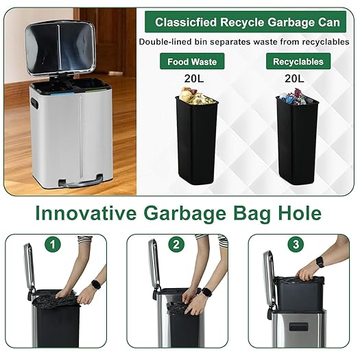 PayLessHere Stainless Steel Trash Can with Lid - Removable Inner Bucket, Foot Pedal, Soft Close for Office, Home, Kitchen - Garbage Bin (10 G)
