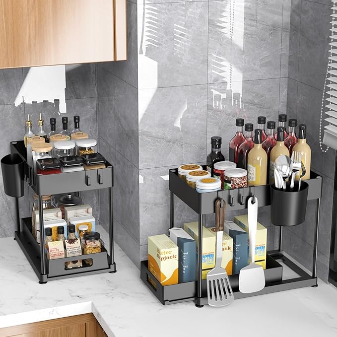 Under Sink Organizers and Storage, 2 Pack Large Capacity Heavy Load Pull-out Under Sink Shelves with Sliding Drawer for Kitchen and Bathroom, Black, 12 x 8.7 x 15.7 inch