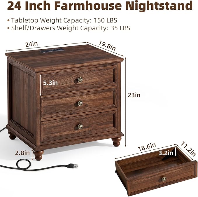 Farmhouse Nightstand with Charging Station, 24" Wide End Table with 3 Drawers,Brown Wood Dresser for Bedroom, Bed Side Table Chest of Drawers Cabinet,Night Stand for Living Room, Closet
