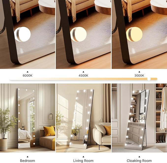 56x18 Hollywood Full Length Mirror with Light, 17 Dimmable Bulbs & 3 Color Smart Touch Control, Distortion Free, Tempered Glass & Shatter Proof Film, Safe Full Body Mirrors with Stand