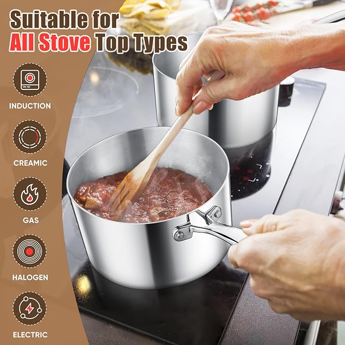 E-far Stainless Steel Saucepan Set - 1Qt & 2 Qt, Triply Sauce Pan Pot with Lid for Cooking Pasta Warming Milk Boiling Water, Small Metal Cookware for Kitchen, Induction Ready & Heavy Duty