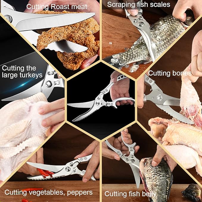 ANDONG Professional Heavy Duty Kitchen Scissors - Spring Loaded Ultra Sharp Stainless Steel Multipurpose Poultry & Cooking Shears for Bones, Meat, Chicken, Fish, Turkey, Vegetables,Dishwasher Safe